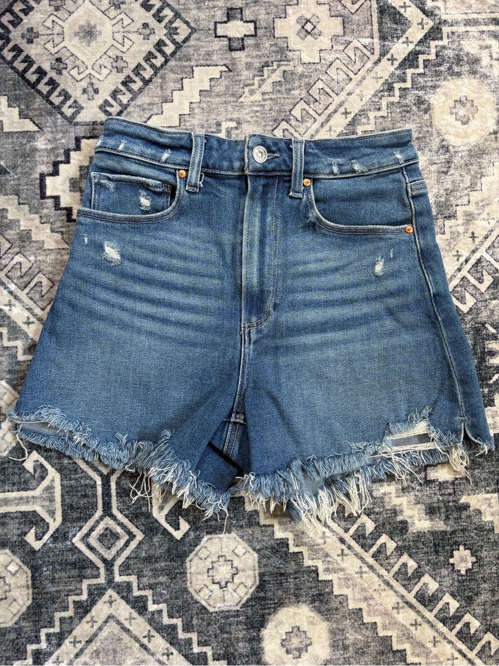 PAIGE Women's Distressed Mid-Blue Frayed Hem Denim Shorts